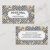 Goldene Blume | Blauweißes Streifenmuster Visitenkarte (Vorne/Hinten)