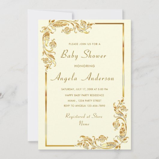Goldene Blume Gerahmte Kinderdusche Einladung (Vorderseite)