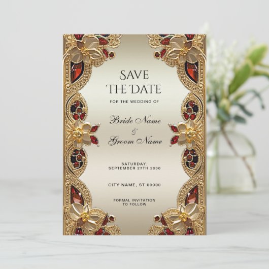 Goldene Blume Roter Gemstone Splendor Save the Dat Save The Date (Stehend Vorderseite)