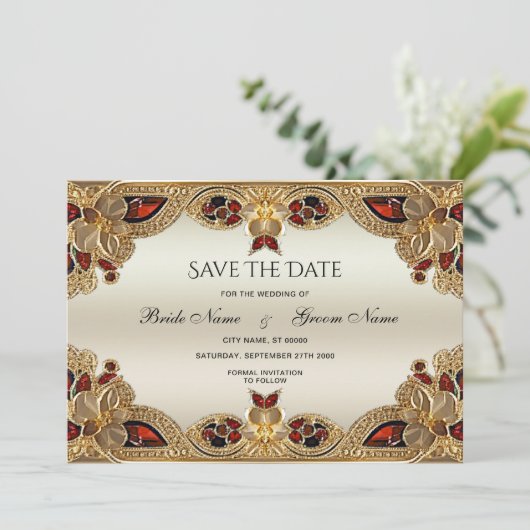 Goldene Blume Roter Gemstone Splendor Save the Dat Save The Date (Stehend Vorderseite)