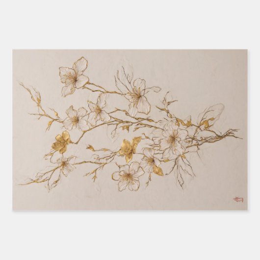 Goldene Blume Trio - Decoupage - Geschenkpapier Set (Vorderseite 3)