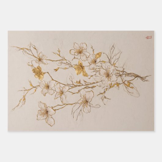 Goldene Blume Trio - Decoupage - Geschenkpapier Set (Vorderseite)