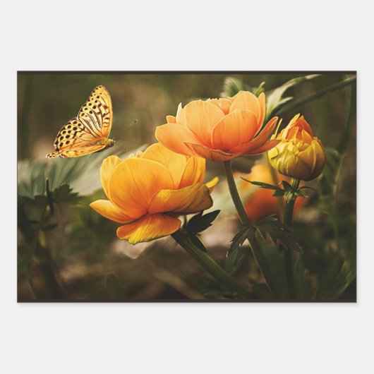 Goldene Blume und Schmetterling Geschenkpapier Set (Vorderseite)