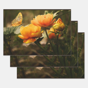 Goldene Blume und Schmetterling Geschenkpapier Set