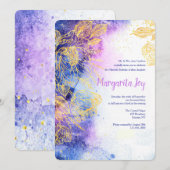 Goldene Blume Wasserfarbe Blau Einladung (Vorne/Hinten)