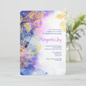 Goldene Blume Wasserfarbe Blau Einladung (Stehend Vorderseite)