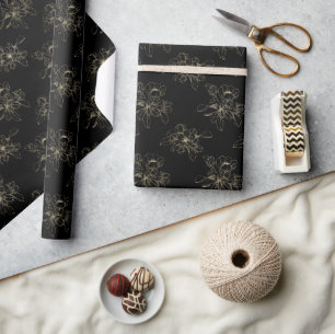 Goldene Blumen Auf Schwarzer Hochzeit Geschenkpapier