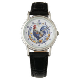 Goldene Blumen Blau Hahn Armbanduhr