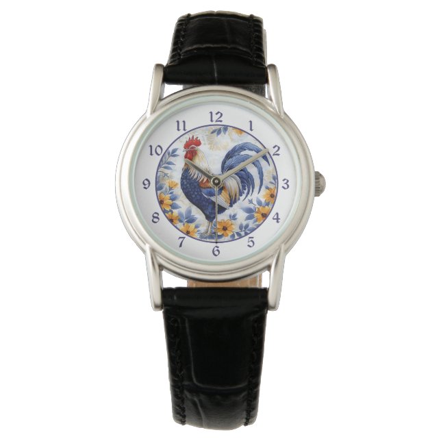 Goldene Blumen Blau Hahn Armbanduhr (Vorderseite)