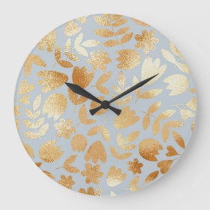 Goldene Blumen, blauer Hintergrund, Folienimitatio Große Wanduhr