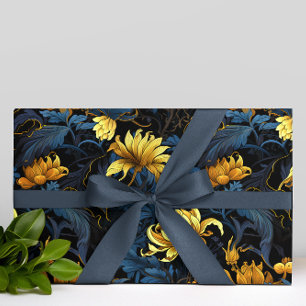 Goldene Blumen Dunkelblaue Blätter Schwarzer Hinte Geschenkpapier