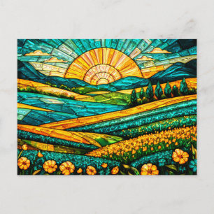 Goldene Blumen Grüne Landschaft Falsches Bleiglas Postkarte