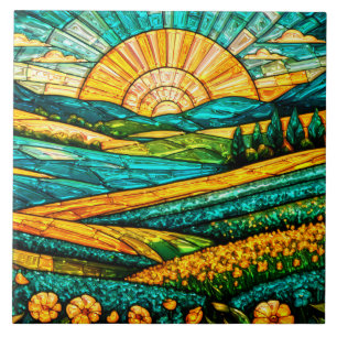Goldene Blumen Grüne Landschaft Falsches Buntglas Fliese