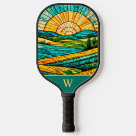 Goldene Blumen Grüne Landschaft Falsches Buntglas Pickleball Schläger