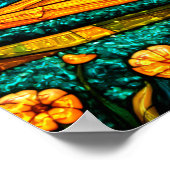 Goldene Blumen Grüne Landschaft Falsches Buntglas Poster (Ecke)