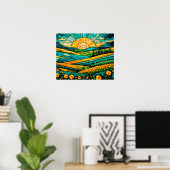 Goldene Blumen Grüne Landschaft Falsches Buntglas Poster (Heimbüro)