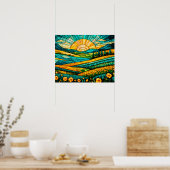 Goldene Blumen Grüne Landschaft Falsches Buntglas Poster (Küche)