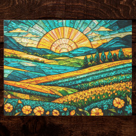 Goldene Blumen Grüne Landschaft Falsches Buntglas Seidenpapier