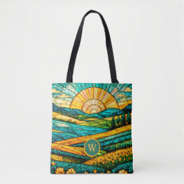 Goldene Blumen Grüne Landschaft Falsches Buntglas Tasche