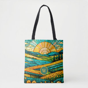 Goldene Blumen Grüne Landschaft Falsches Buntglas  Tasche