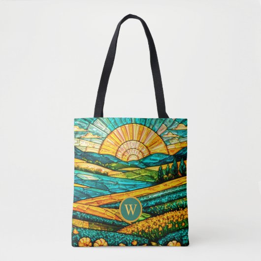 Goldene Blumen Grüne Landschaft Falsches Buntglas  Tasche (Vorderseite)