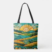 Goldene Blumen Grüne Landschaft Falsches Buntglas  Tasche (Rückseite)