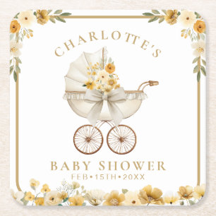 Goldene Blumen-Kinderwagen-Baby-Shower-Unterlage Rechteckiger Pappuntersetzer