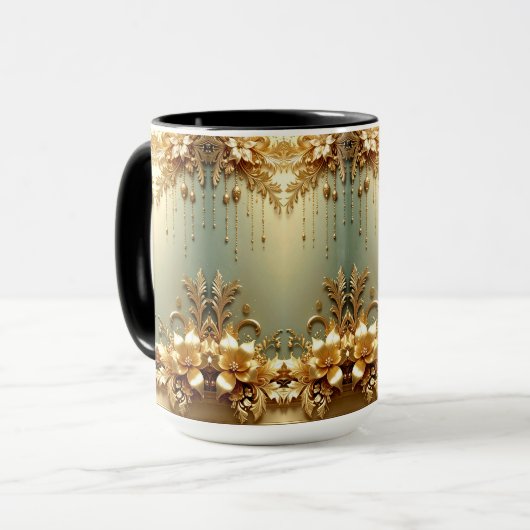 Goldene Blumen Ornamente Feiertags Tasse (Vorderseite Links)