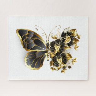 Goldene Blumen Schmetterling mit schwarzer Orchide Puzzle