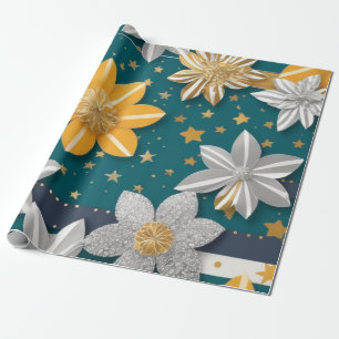 Goldene Blumen und silberne Sterne lebendiger Hint Geschenkpapier