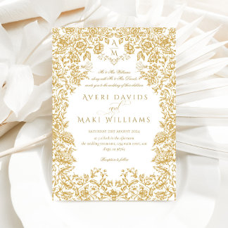 Goldene Blumen Vintage Eleganz Monogramm Hochzeit Einladung