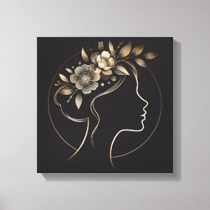 Goldene Blumenkrone Weibliche Silhouette Kunst Leinwanddruck
