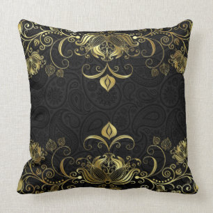 Goldene Blumenrandung mit schwarzem Paisley-Muster Kissen