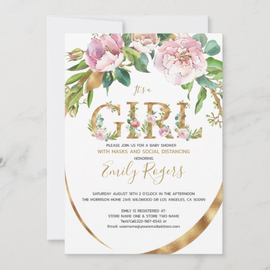 Goldene Blumenschrift Girl baby Dusche Save The Date (Vorderseite)