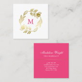 Goldene Blumenschrift und rosa Monogramm Quadratische Visitenkarte (Vorne/Hinten)