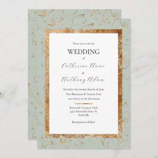 Goldene Blumenzunge Grün Moderne Hochzeit Einladung (Vorne/Hinten)