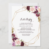 Goldene Blüte Burgund Bläschen Party Einladung (Vorderseite)