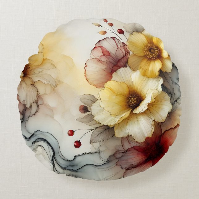 "Goldene Blüte Elegante: Abstrakte blumengeschmück Rundes Kissen (Vorderseite)