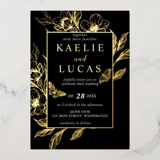 "Goldene Blüten der Liebe" | Schwarze Hochzeit Folieneinladung (Vorderseite)