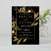 "Goldene Blüten der Liebe" | Schwarze Hochzeit Folieneinladung (Stehend vorne)