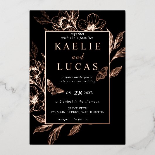 "Goldene Blüten der Liebe" | Schwarze Hochzeit Folieneinladung (Vorderseite)
