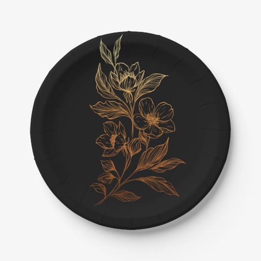 "Goldene Blüten der Liebe" | Schwarze Hochzeit Pappteller (Vorderseite)