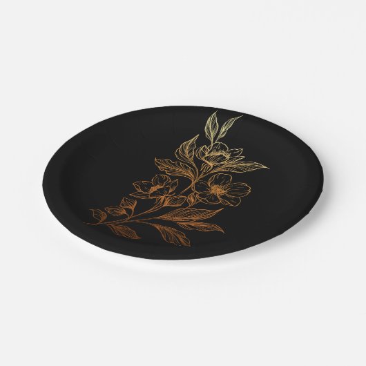 "Goldene Blüten der Liebe" | Schwarze Hochzeit Pappteller (Schrägansicht)