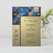 Goldene Blüten in Mitternachtsblau Einladung (Stehend Vorderseite)