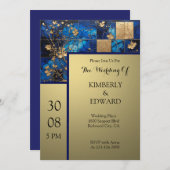 Goldene Blüten in Mitternachtsblau Einladung (Vorne/Hinten)