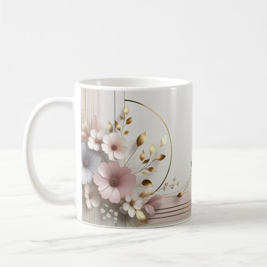 Goldene Blüten in Pastellrosa/ personalisierte Uma Kaffeetasse (Links)
