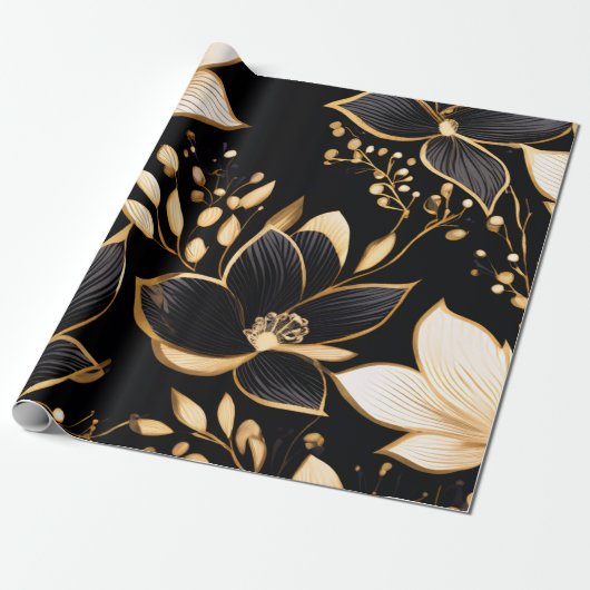 Goldene Blüten: Schwarze und goldene Blumenmuster Geschenkpapier (Ungerollt)