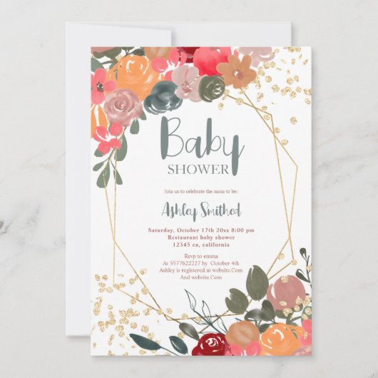 Goldene Blütendusche aus Glitzer Einladung (Vorderseite)