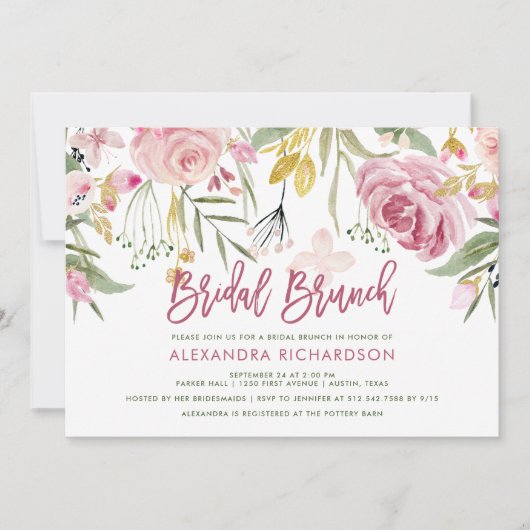 Goldene Blütenfarbe Rosa Bridal Brunch Einladung (Vorderseite)