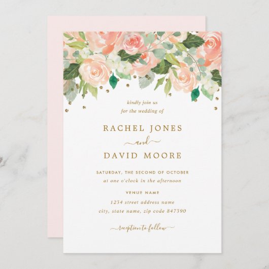 Goldene Blütenpfirsichfarben Hochzeit einladen Einladung (Vorne/Hinten)